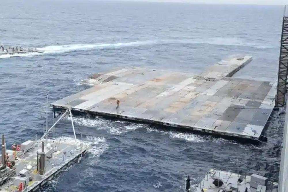 CENTCOM US military handout image showing the construction of the floating JLOTS pier in the Mediterranean Sea (29 April 2024)