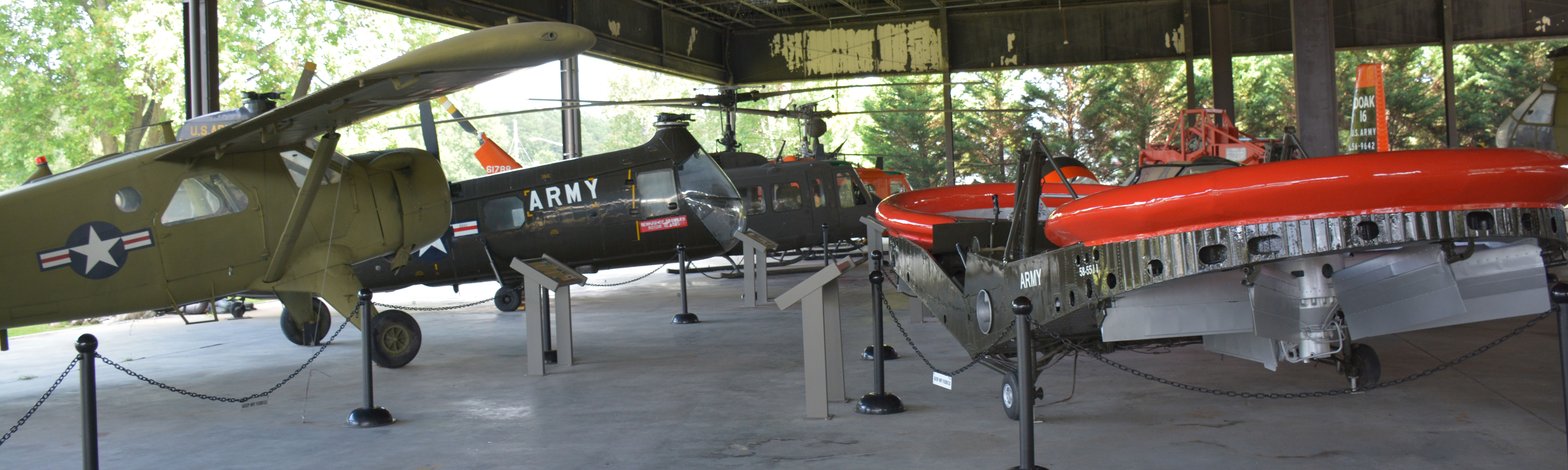 Image of the Aviation Pavilion that has planes, helicopters, and experimental vehicles.