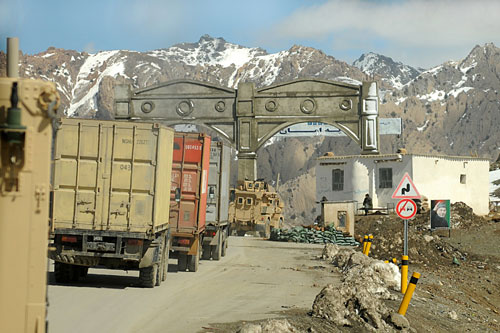 A U.S. sustainment convoy from the distribution platoon of Echo Company, 148th Brigade Support Battalion reaches Tera pass during a convoy, in Logar province, Afghanistan on 01 March 2010.  US Army Image