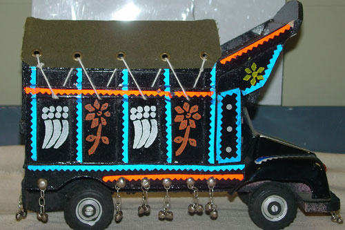 A souvenir toy Afghan ”Jingle Truck” which is on display at the U.S. Army Transportation Museum to highlight the role of civilian transportation used in line-haul operations in Afghanistan. 