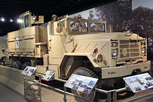 The modified M923 “Ace of Spades” deployed during Operation IRAQI FREEDOM with an installed Livermore gun box on display at the U.S. Army Transportation Museum.