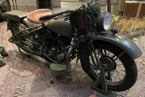 A 1942 era U.S. Army Harley Davidson motorcycle in the U.S. Army Transportation Museum Collection.  