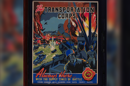 A World War II Transportation Corps poster, highlighting the Corps support to various campaigns.  Part of the collection of the U.S. Army Transportation Museum.