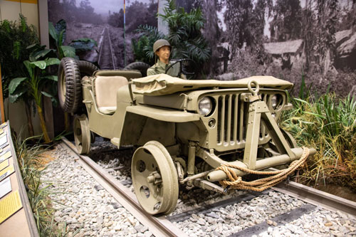 The iconic jeep of World War II, but outfitted to operate on rail lines.  This vehicle in on display at the U.S. Army Transportation Museum.