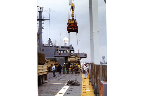 Merchant Vessel American Cormorant carrying four 2000 series LCU's and two 1600 series LCU to Saudi Arabia for Operation Desert Shield. Part of the research collection of the U.S. Army Transportation Museum. 