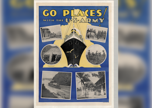 U.S. Army Recruiting poster highlighting the world travel opportunities during the 1920s and 1930s.  – US Army Transportation Museum Collection