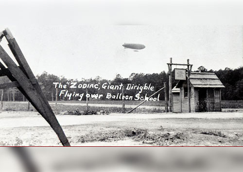 Blimp from Fort Eustis U.S. Army Balloon School seen flying over Lee Hall, VA in 1920s.