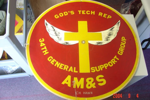 This spare tire cover was used by Chaplain Hawn of the 34th General Support Group (Aircraft Maintenance and Supply) on his M151A1 Jeep in Vietnam. Part of the artifact collection of the U.S. Army Transportation Museum.