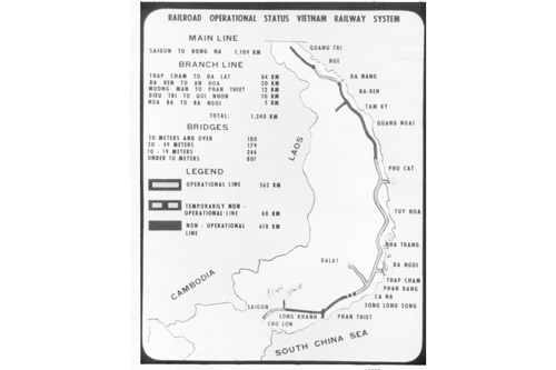 A slide from the archives of the U.S. Army Transportation Museum research collection showing a sketch map of the operational rail lines in Vietnam during 1965. 