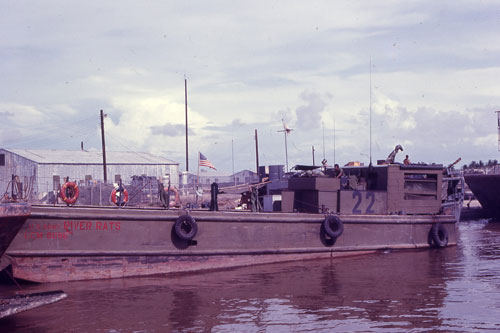 LCM-8096 from the 1099th Transportation Company in Vietnam in 1971. The crews often built shelters on their ships since the craft did not have any organic crew compartments. Part of the research collection of the U.S. Army Transportation Museum.    