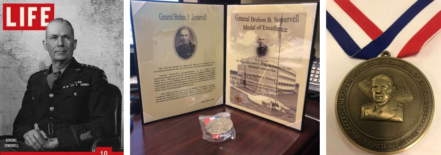An image of General Somervell, the award, and medal.