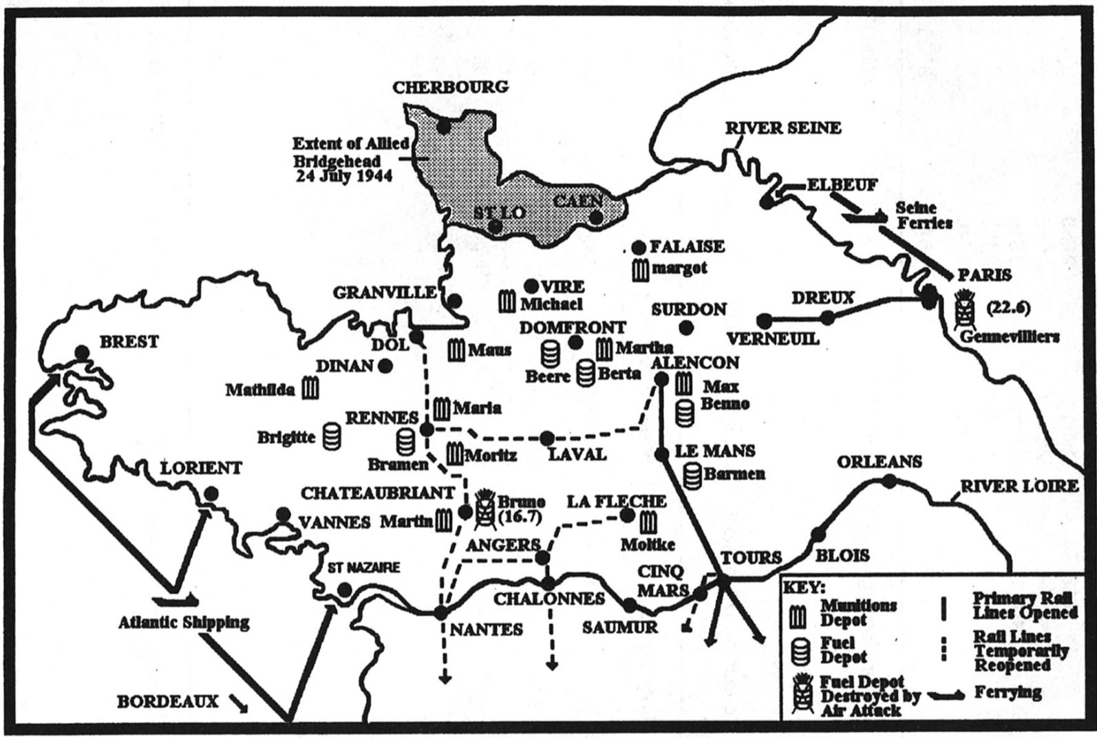 Figure 1 German supply depots and rail resupply routes, western France, June-August 1944.