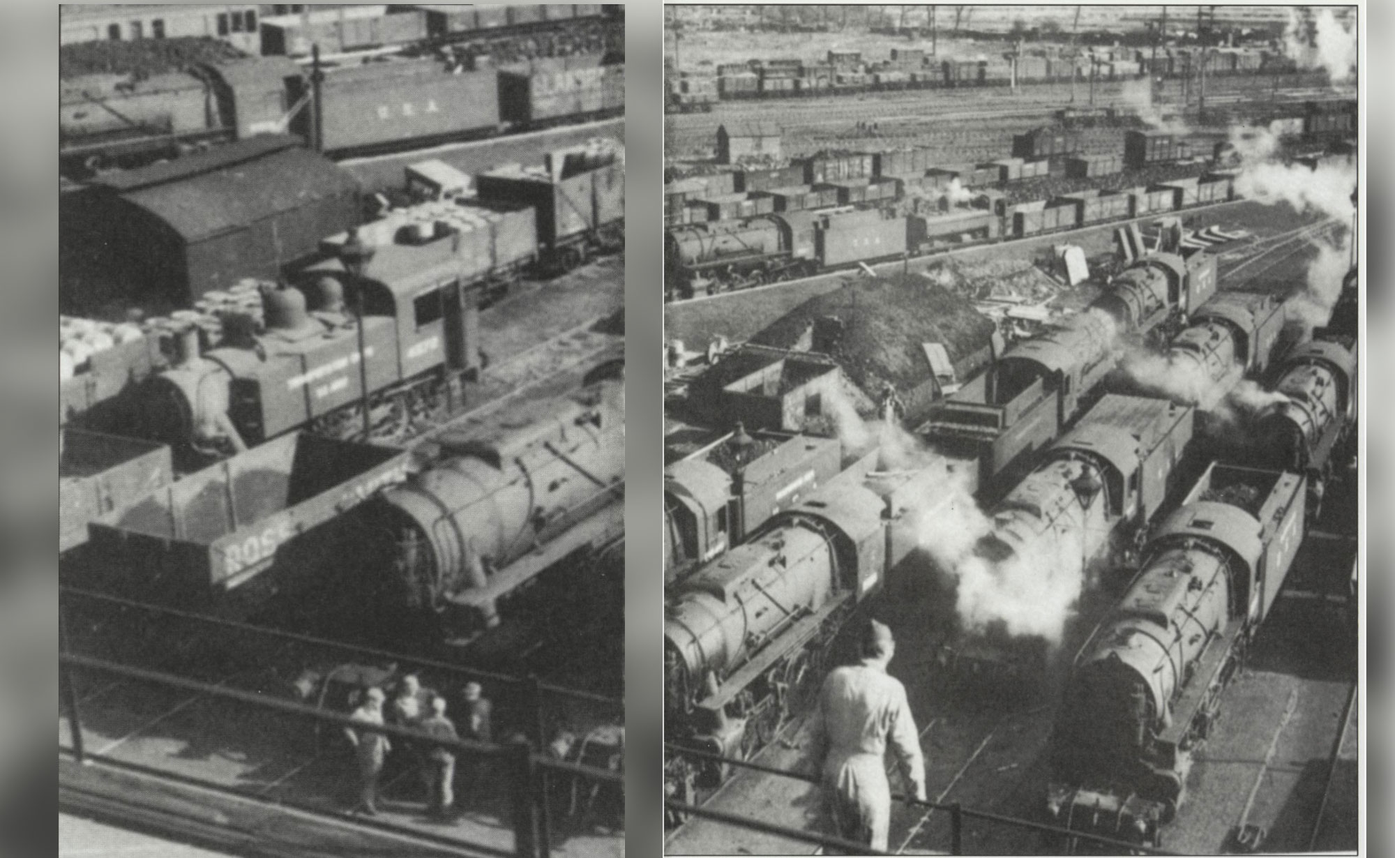 U.S. military 2-8-0 locomotive are being prepared for service at the Newport Shops in South Whales, Great Britain, prior to being shipped accross the English Channel. The engines were first road-tested on Britain's Great Western Tailway by ROB and GWR locomotive crews.