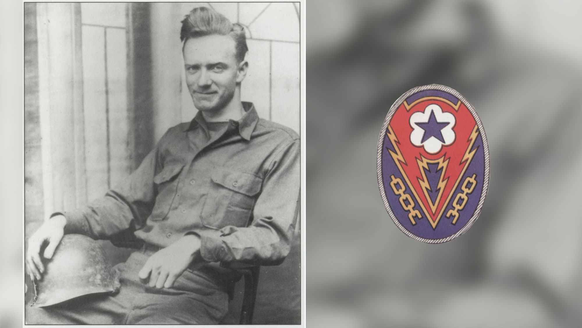 (left) The author and his steel helmet that doubled as a washbasin and shower. Courtesy of Joe Weeks (right) Patch worn by the men of the 718th.