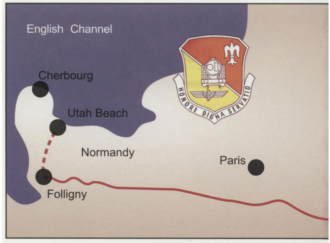 The route of the 718th signal platoon as it made its way to the Rhine River. The linemen worked in small groups, repairing telephone wires that had been destroyed in
	battle, and lived mostly on a train that moved behind the Allied advance.