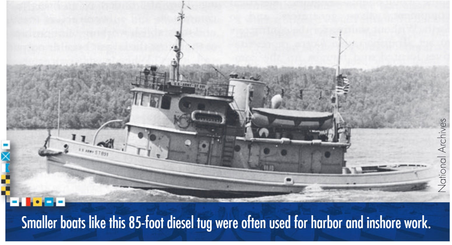 Smaller boats like this 85-foot diesel tug were often used for harbor and inshore work. Photo from the National Archives. 