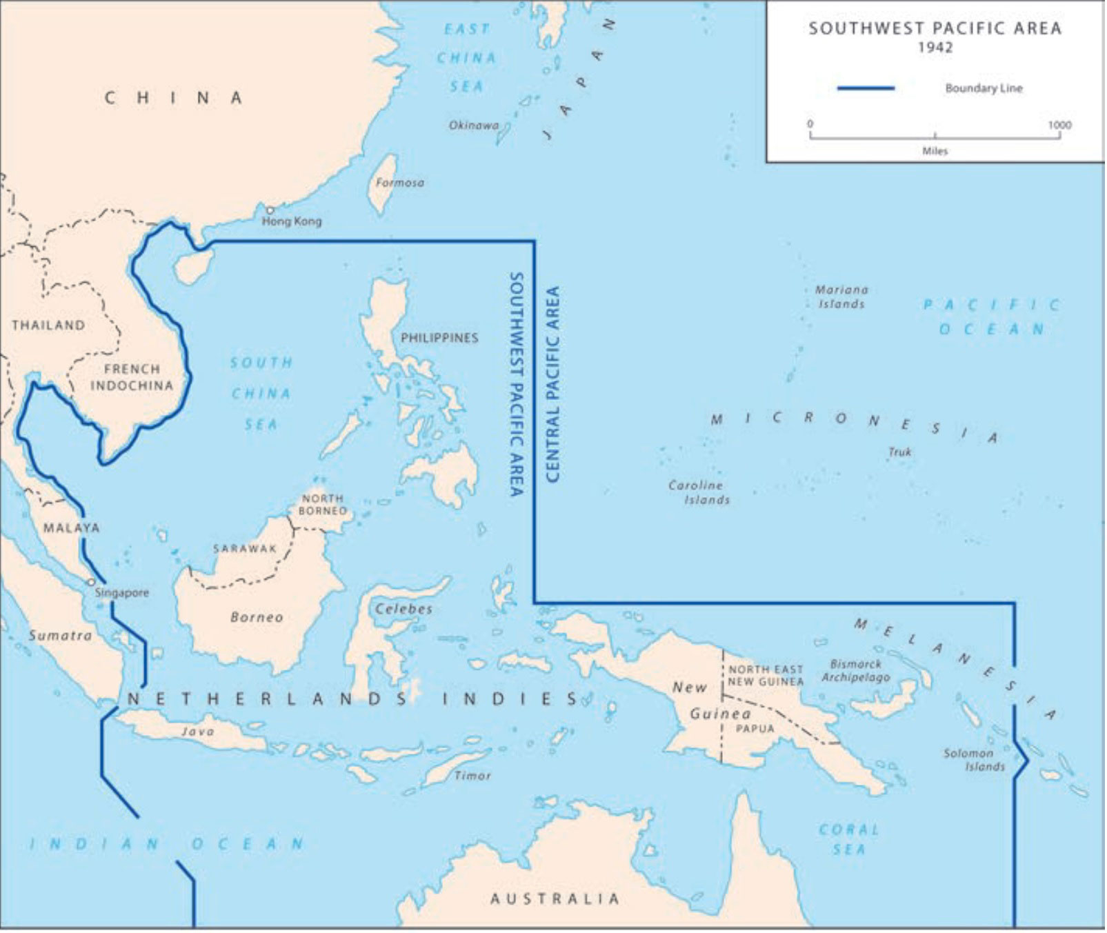 Map of the Southwest Pacific Area of control which borders the Ceneral Pacific Area of Command.