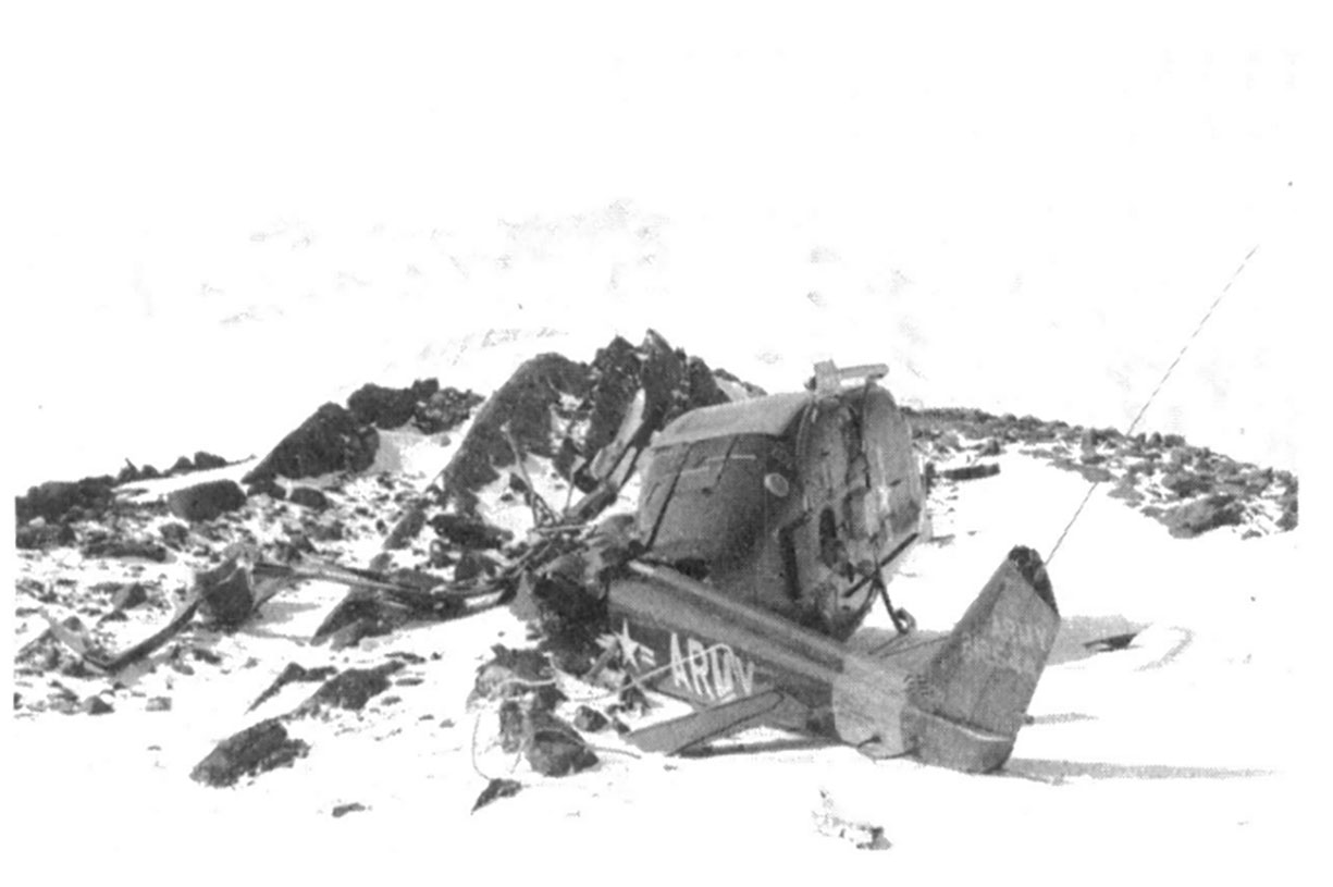 Scene of the first UH—1B helicopter crash in Antarctica. U.S. Navy Photo.