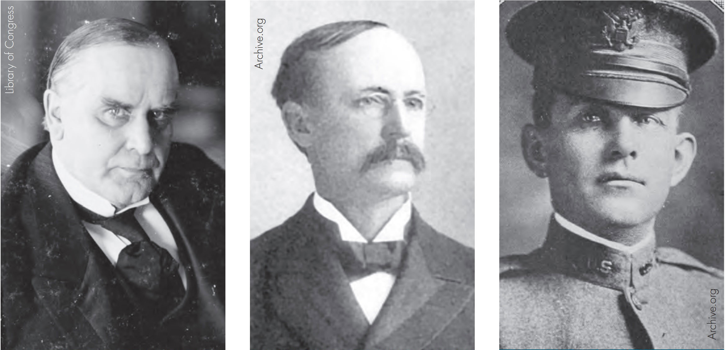 From left to right, President McKinley, c. 1989,  Senator Thurston, c. 1899,  Lieutenant Stewart, c. 1898.