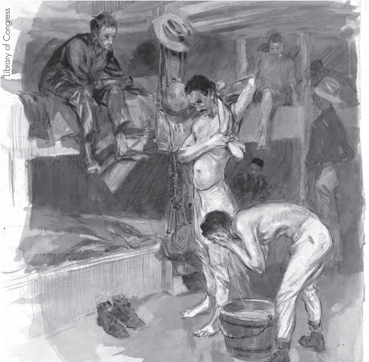 Sketch by William Glackens showing soldiers in their berths and bathing aboard a transport bound for Cuba, c.1898