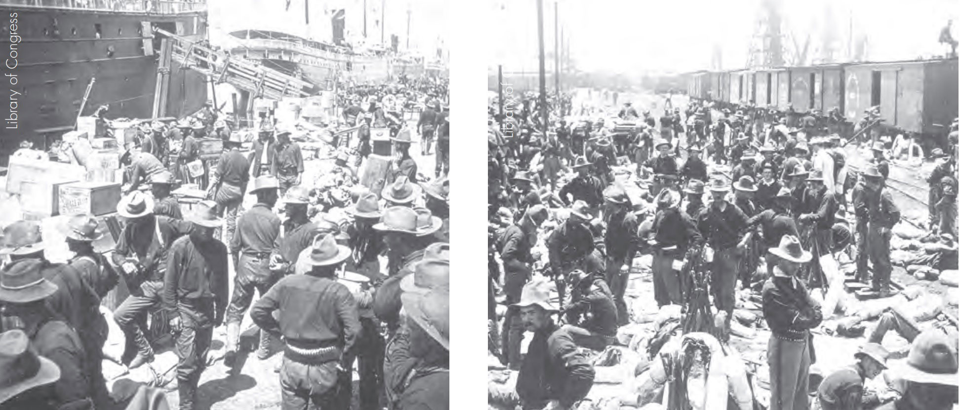 Image left: U.S. soldiers in Tampa await the order to board their assigned ships before sailing for Cuba, June 1898. Image right: Members of the 71st New York Volunteer Infantry gather on the dock in Tampa before sailing for Cuba, June 1898.