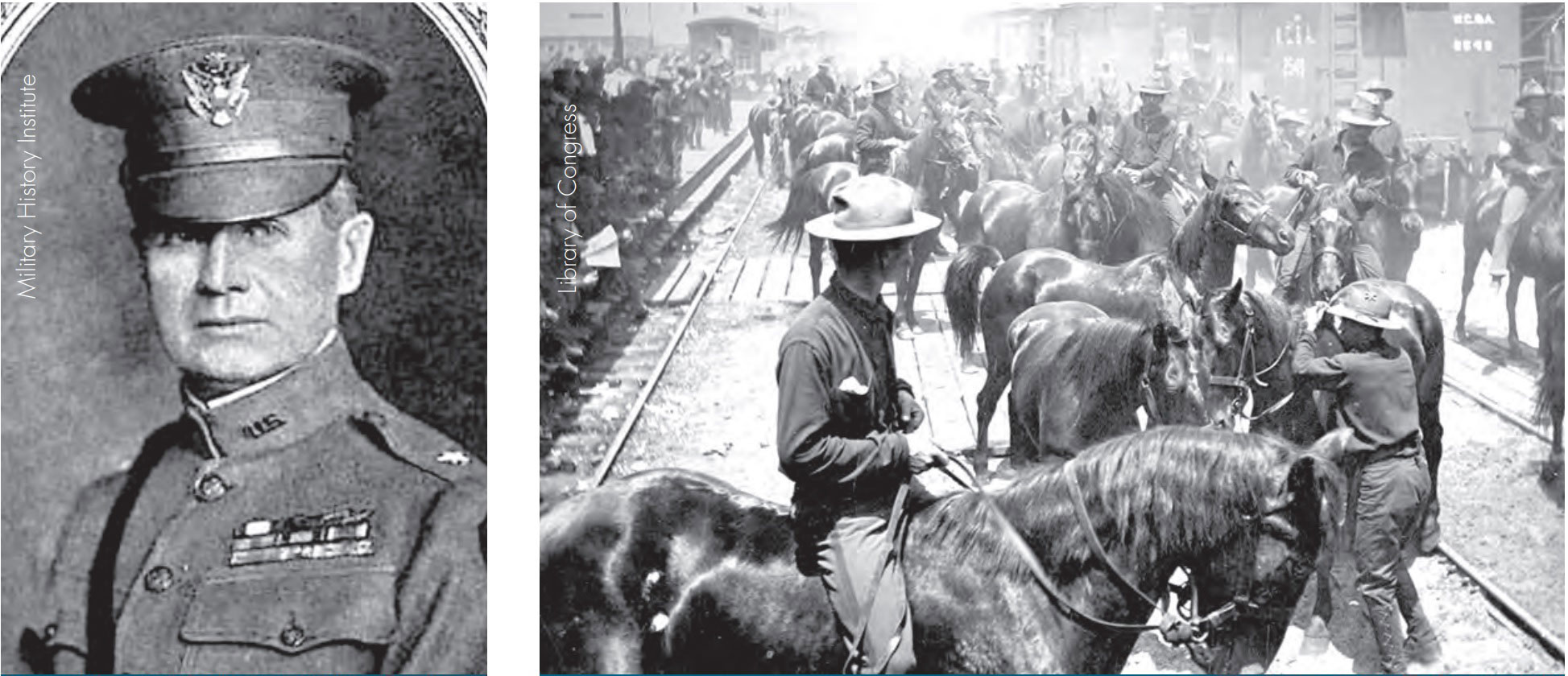Image left: Paul Malone, pictured here as a brigadier general, c. 1918. Image right: Colonel Roosevelt’s “Rough Riders” arrive at the port of Tampa in June 1898.