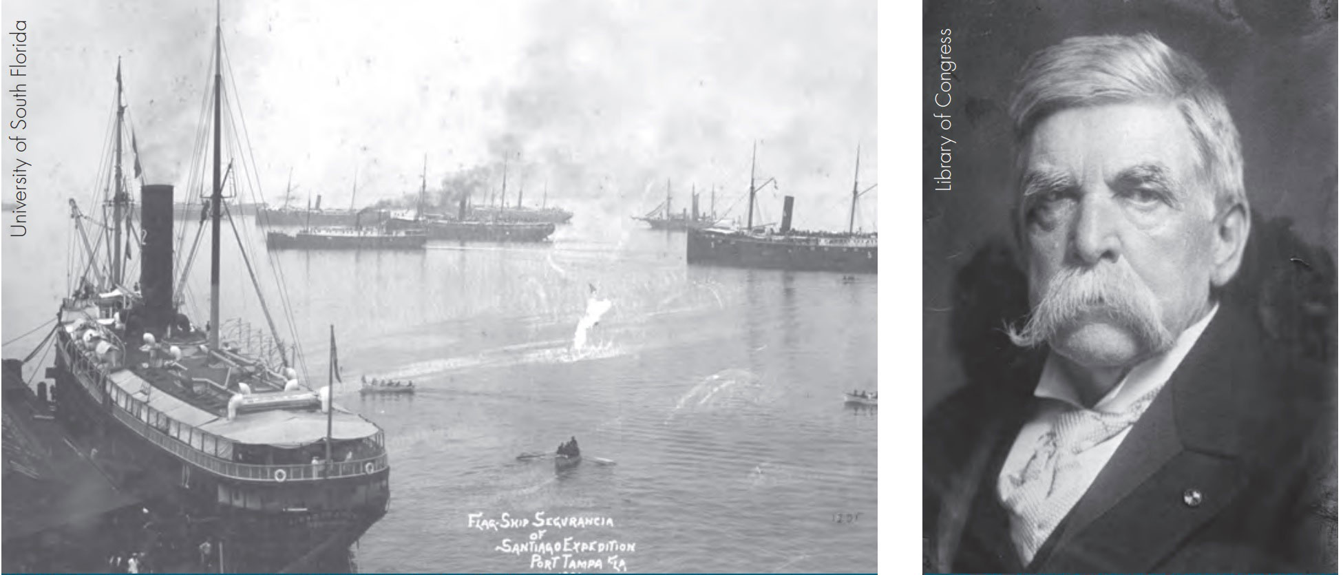 Image left: The expedition flagship Seguranca at the pier in Tampa before departing for Cuba. Image right: Grenville Dodge, c. 1900.