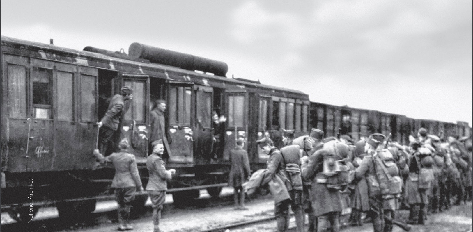 Troops board a train to a port of embarkation, 7 January 1919.