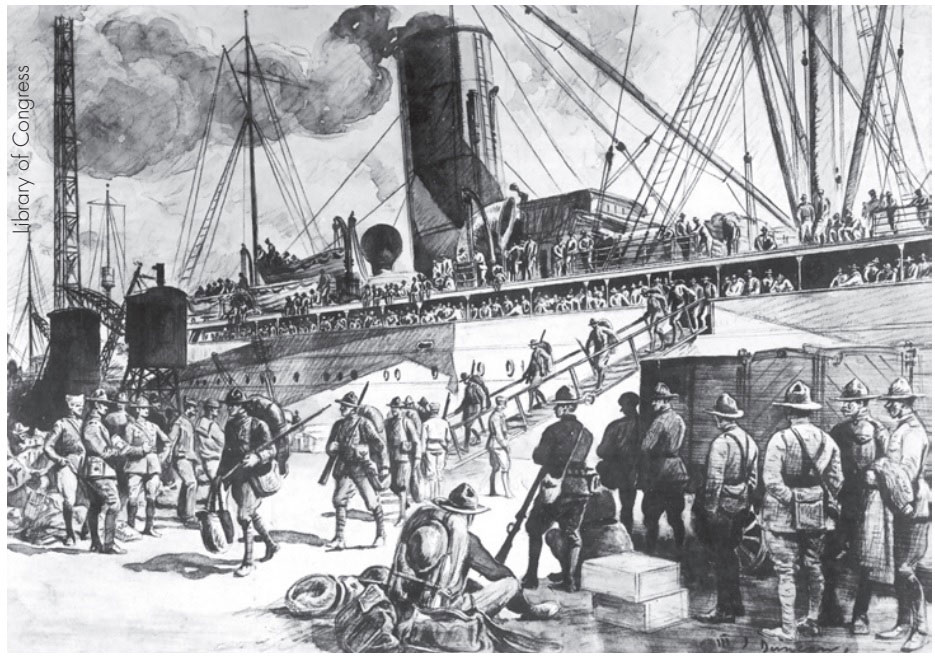 A sketch by Walter Jack Duncan of U.S. troops arriving in Brest, France