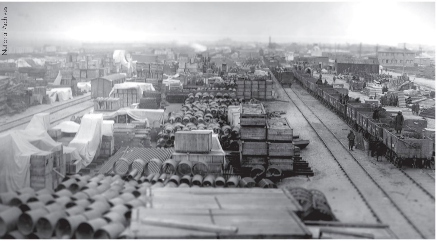 The rail yard and supply storage area at Montoir, France, c. 1918