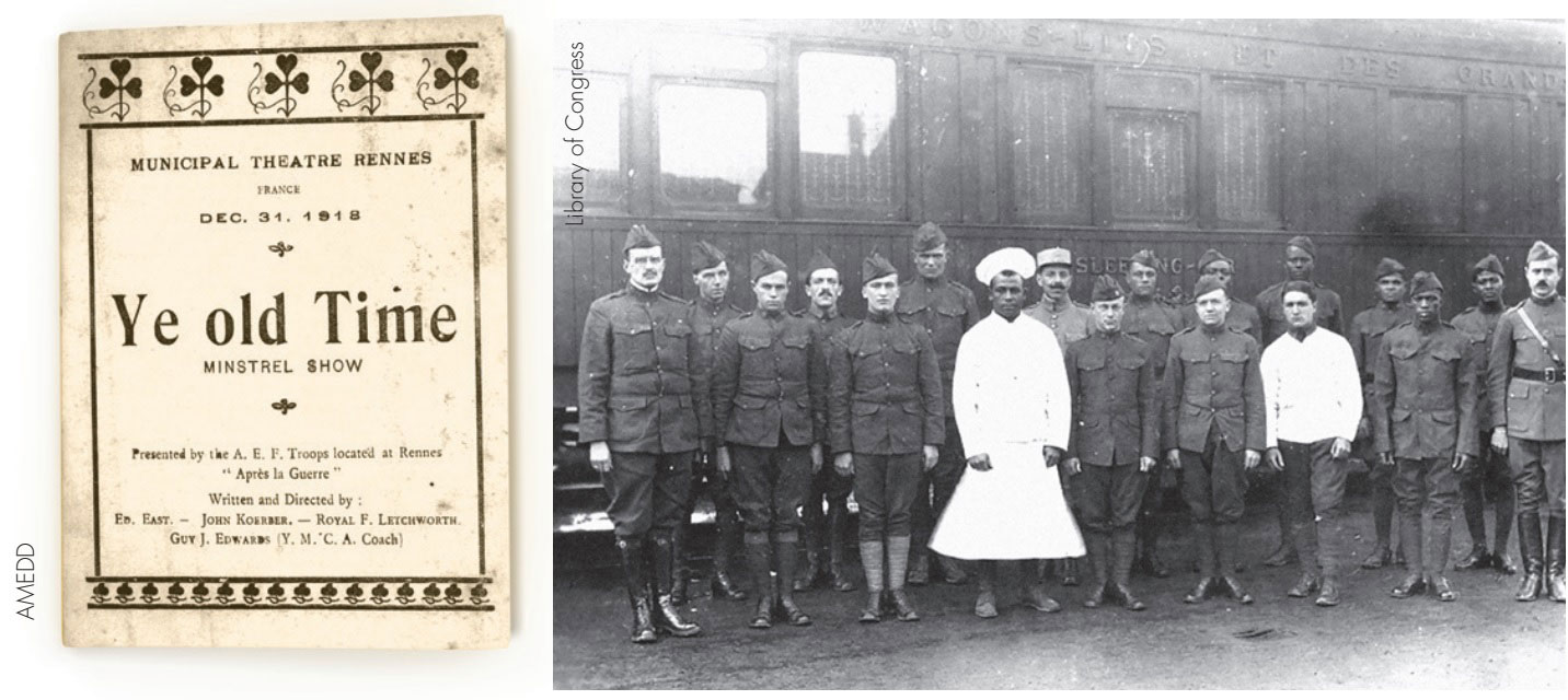 Image left: A program from the minstrel show Lonnie attended in Rennes. Image right: The staff of General Pershing’s special train, 22 August 1918. 