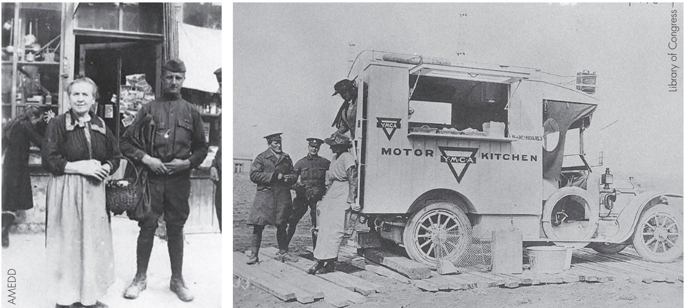 Image left: A photo taken by Lonnie of a French woman and a fellow soldier in Laval, c. 1919 Image right: A YMCA motor kitchen in France, 2 October 1918.