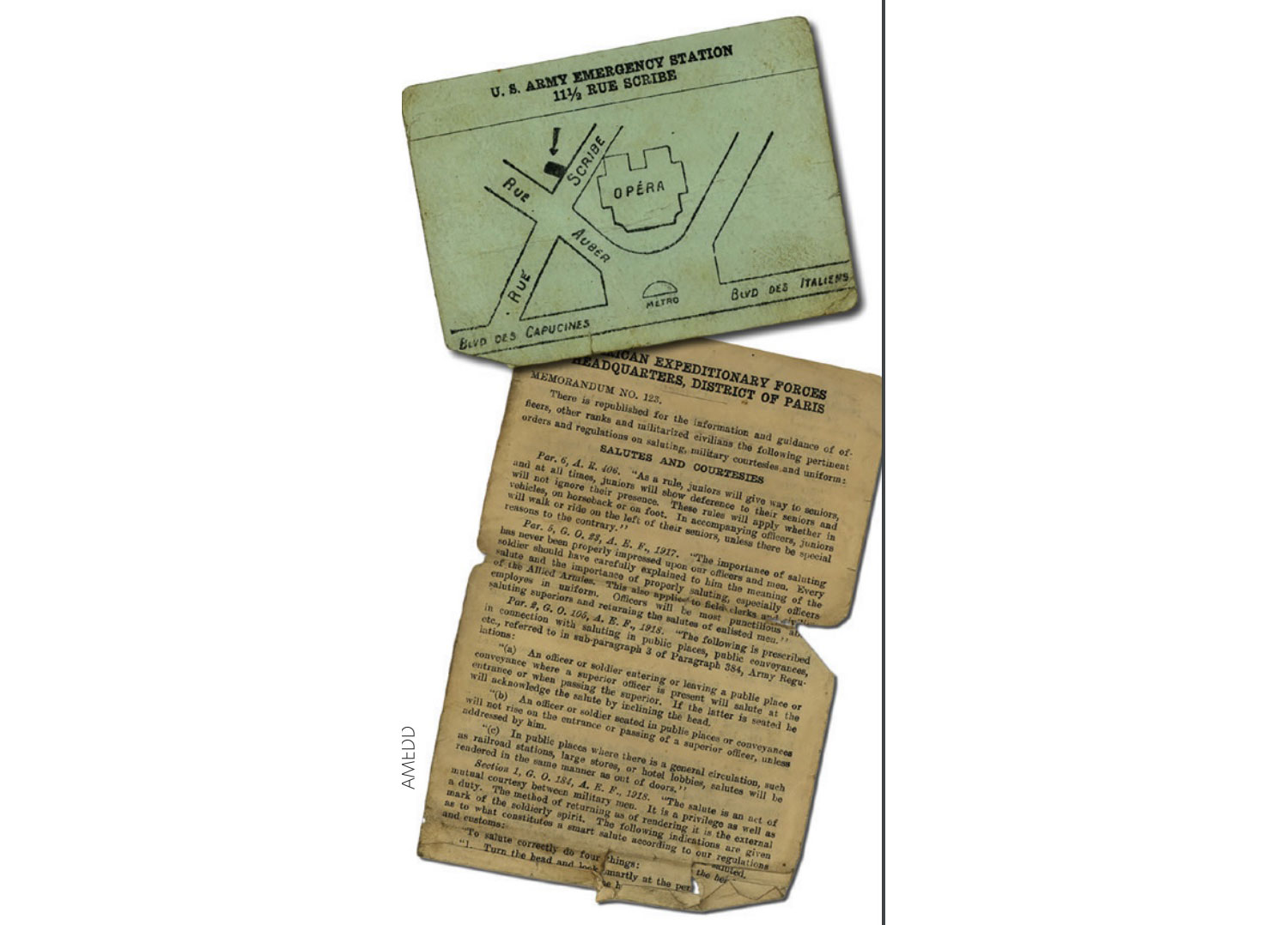 A flyer with instructions for AEF troops when on leave to Paris along with a map showing the location of the main “emergency (prophylactic) station.”