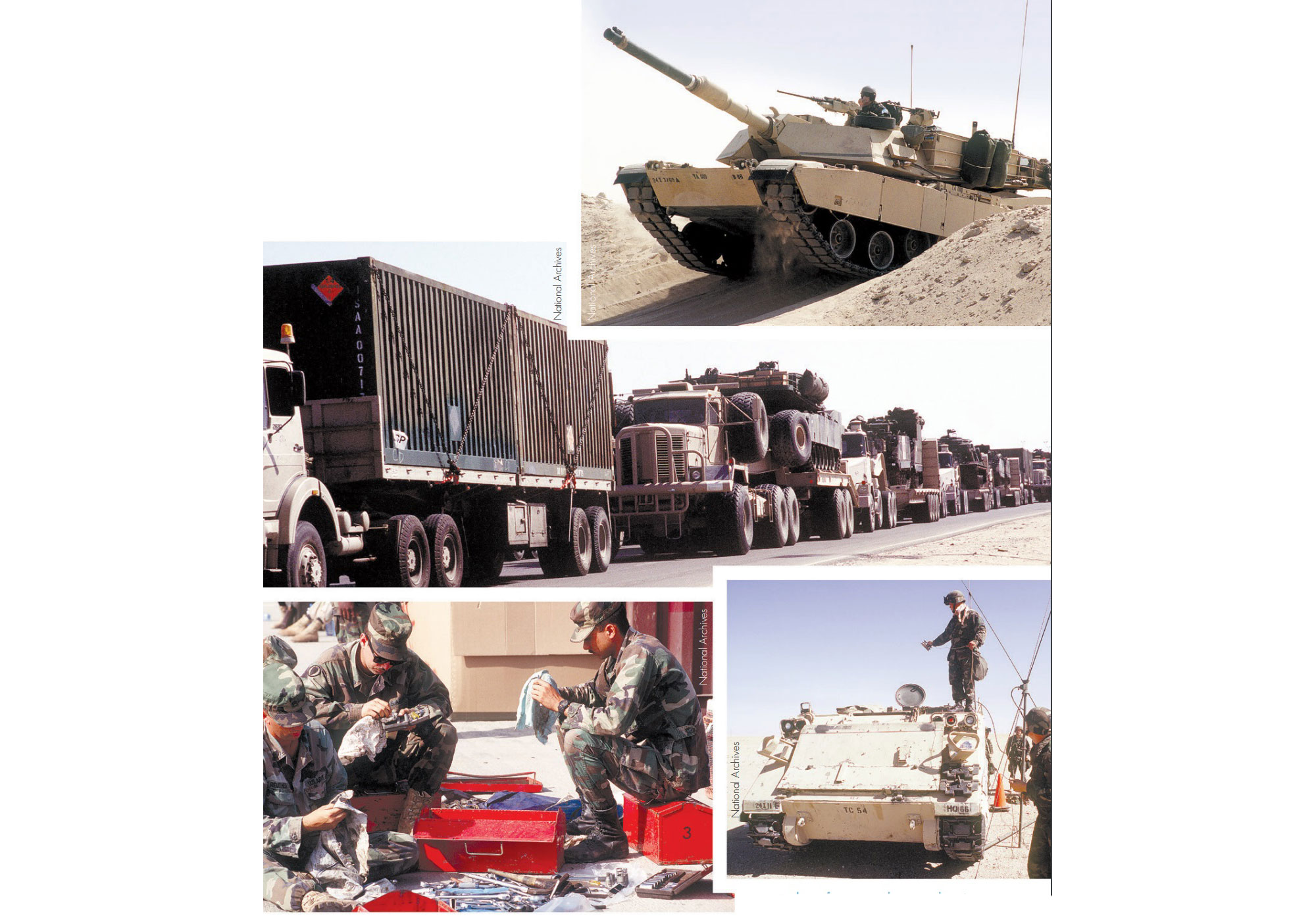 Top right image: An M1A1 Abrams tank crosses a berm in the desert during maneuvers outside the Tactical Assembly Area Liberty. Middle image: A convoy carries materiel needed to support Operation Vigilant Warrior. The convoy is from Company A, 2d Battalion, 69th Armor, 24th Infantry Division, Fort Benning, Georgia. Lower left image: Soldiers from the 24th Infantry Division clean and inventory equipment at the Tactical Assembly Area Liberty during Operation Vigilant Warrior. Lower right image: Crew members of an armored personnel carrier set up a communications antenna outside their vehicle in the desert of Kuwait.