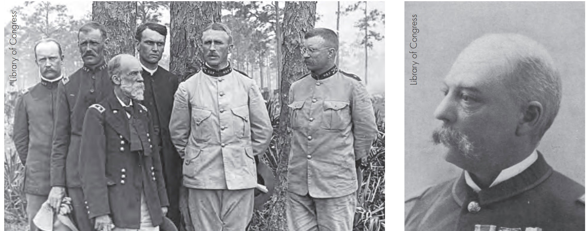 Image left: Staff of the 1st United States Volunteer Cavalry in Tampa, c. 1898. From left: Taylor MacDonald, Maj. Alexander Oswald Brodie, General Wheeler, unidentified officer, Colonel Wood, and Colonel Roosevelt. Image right: General Wade