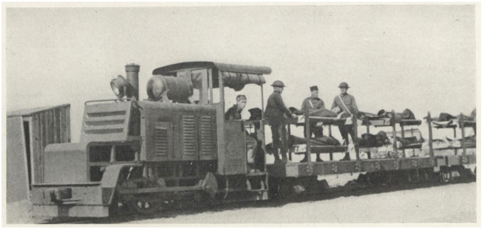 Fig. 7. Transporting Wounded by Light Railway. Signal Corps Photo.