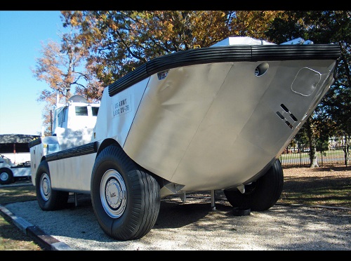 Front view of the LARC XV (Lighter, Amphibious, Resupply, Cargo, Fifteen ton) on exhibit at the TC Museum.