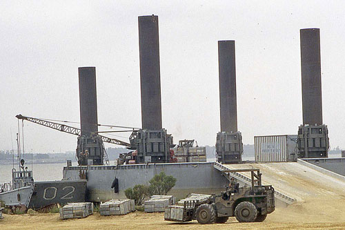 Rough Terrain Forklift used at a temporary seaport.