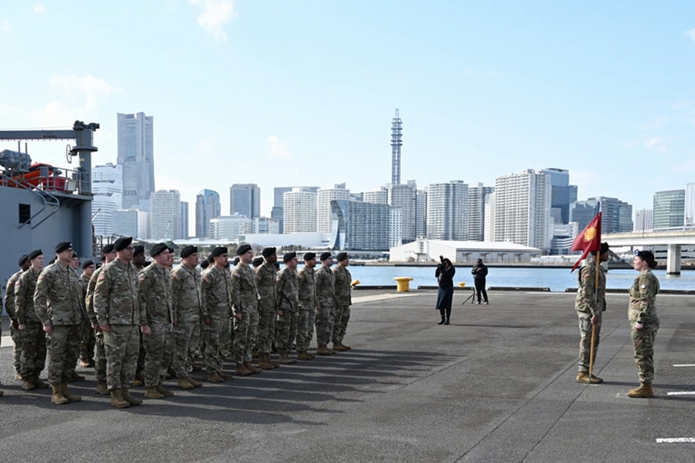 Soldiers assigned to the 5th Transportation Company participate in an activation ceremony on Feb. 8th at the Armys dock facility in Yokohama, Japan. (Photo By Brain Lamar)