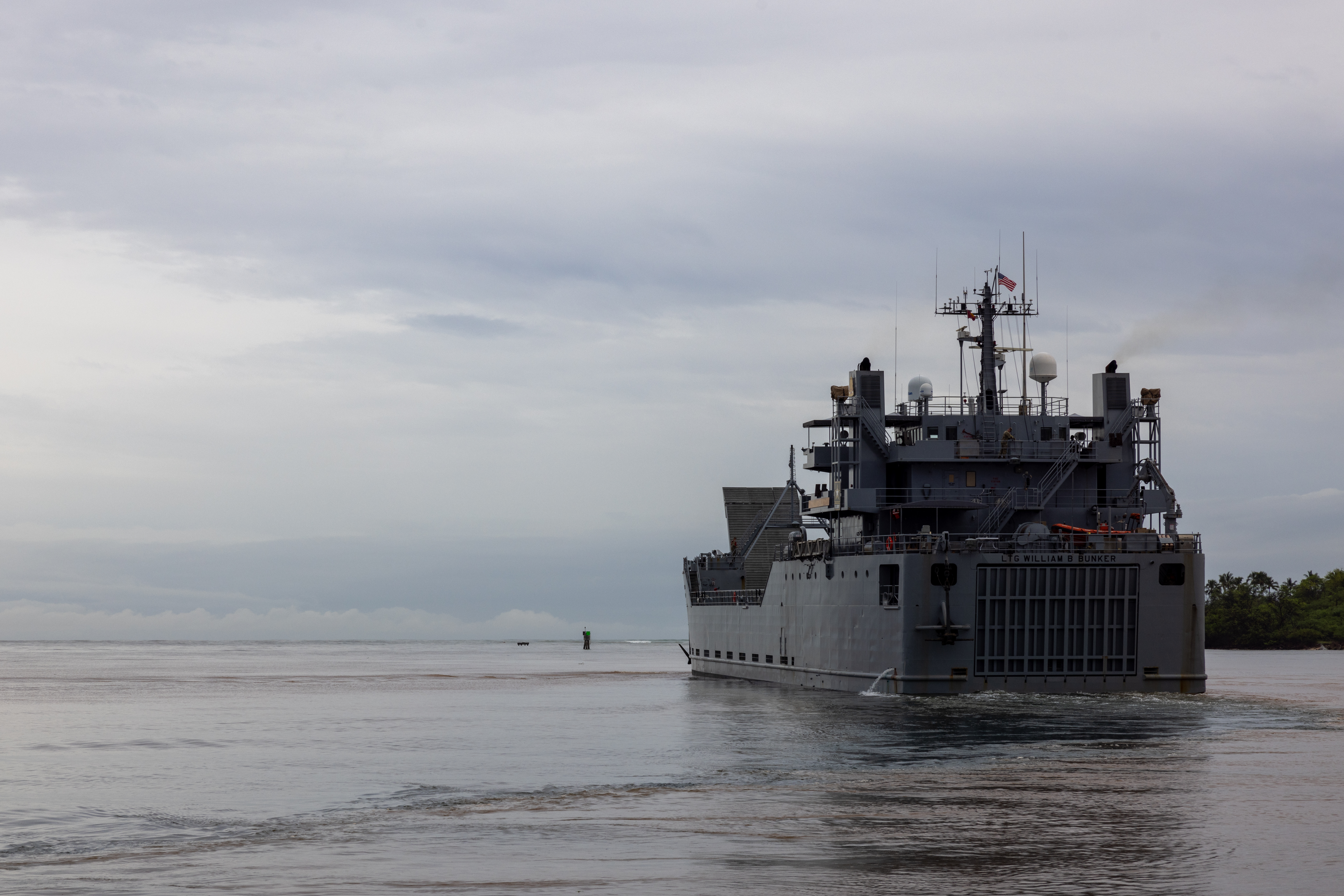 U.S. Army Logistics Support Vessel 4, LTG William B. Bunker, departs, to support Operation Pathways, from Joint Base Pearl Harbor-Hickam, Hawaii on May 18, 2024. (8th Theater Sustainment Command, photo by Sgt Nickson Schenk)
