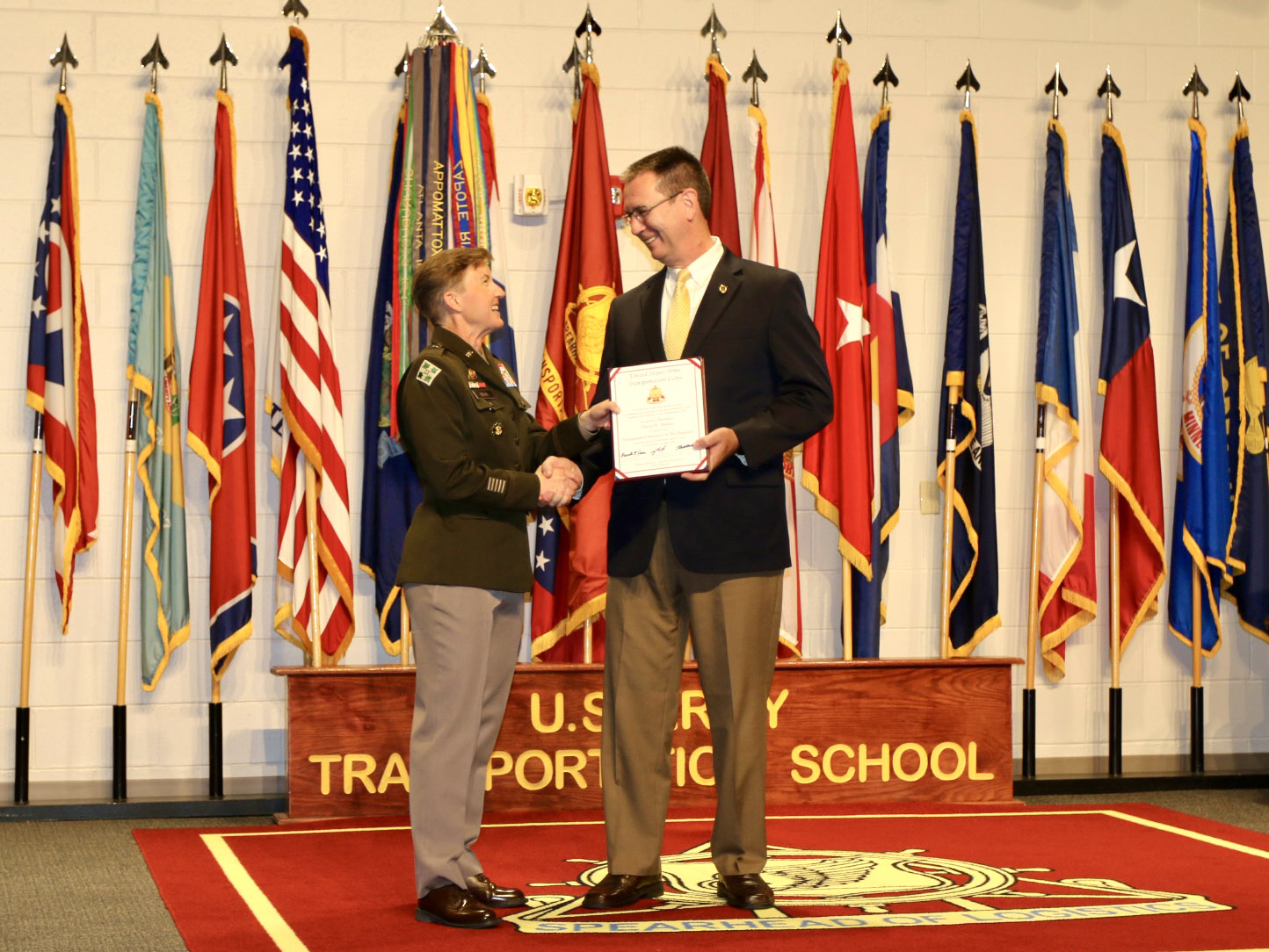 JMC’s Banian honored by U.S. Army Transportation Corps as a Distinguished Member of the Regiment (Joint Munitions Comand photo by Matthew Weaton)