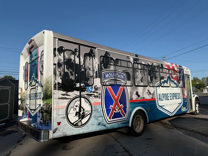 Photo By Michelle Winter | Starting Sept. 22, Fort Drum community members can use a free on-post transit service with more than 50 stops across the cantonment and Wheeler-Sack Army Airfield. The Alpine Express route includes dining facilities, fitness and recreational centers, the Post Exchange and Commissary, housing community centers, barracks, and medical and dental clinics. (Photo by Michelle Winter, Fort Drum Garrison Public Affairs).