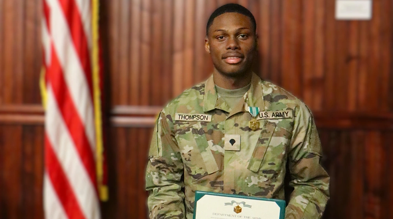 Photo By Staff Sgt. Elizabeth Bryson | Spec. Erroldo Thompson, a U.S. Army Reserve Soldier from the 195th ETO in Tampa, Fl., currently assigned to the 842nd Trans. Bn., “Warhorse,” in Beaumont, Texas, poses holding the 597th Transportation Brigade, ARTRANS, Soldier of the Quarter award he was presented December 16, 2025, at the Army Transportation Museum, at Fort Eustis, Va. Thompson, who is originally from St. Catherine, Jamaica, earned his citizenship through joining the Army and has demonstrated his dedication to truly becoming a “citizen Soldier.” Not only did Thompson show his fitness skills during the AFT, lifting over 300 pounds and burning up the turf on the sprint-drag-carry event according to witnesses, but he is also academic-minded and dedicated to lifelong education; Thompson is going to school to be a radiology technician- when he isn't busy supporting back-to-back port operations with our 842nd “Warhorse” Bn. as they project the force in support of large scale combat operations across the globe. Thompson displayed the bearing, trustworthiness and commitment to ongoing development our board of dedicated senior NCOs demanded… we can’t wait to see what he–and all our future leaders will do!