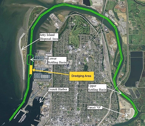 Photo By Nicole Celestine | Photo of a map detailing the Snohomish River Federal Dredging Project area, in Snohomish River, Everett, Snohomish County, Washington. Maintenance dredging operations, necessary for safe navigation conditions for Snohomish River and Everett Harbor, will begin Nov. 4, 2025, and are expected to be completed Feb. 14, 2026.