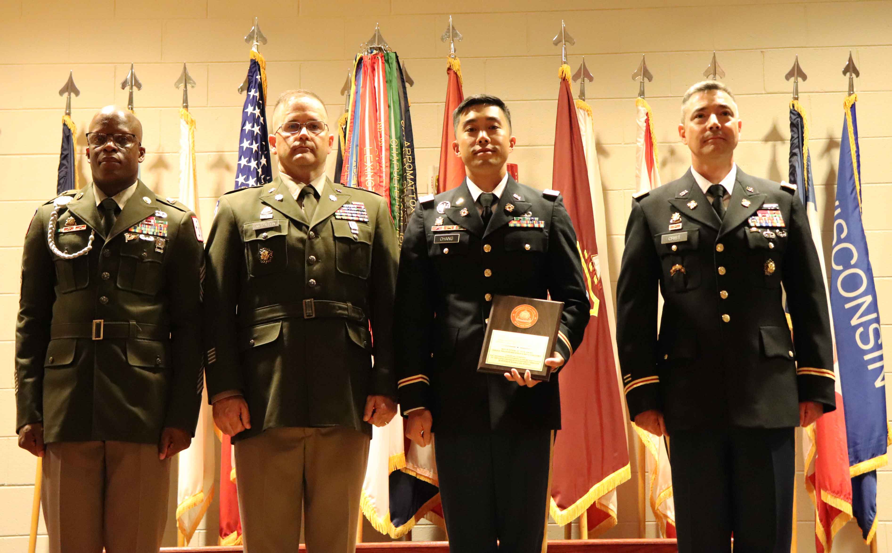 CPT Andrew Chang, Commander of Charlie Company, 524th DSSB accepts the award on behalf of his unit.