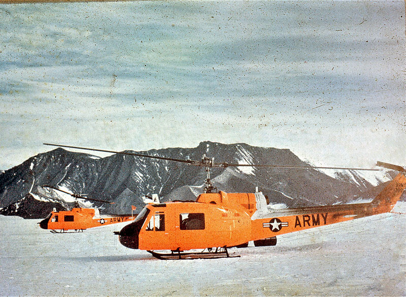 Operation Deep Freeze images of the helicopters flying in the South Pole.