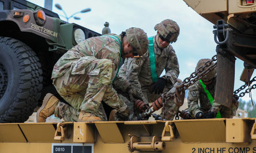 Soldiers with the 29th Infantry Brigade Combat Team unchain vehicles from the train at Fort Johnson, Louisiana, July 10, 2023. These vehicles were transported via barge and train from Hawaii to Louisiana for use during training at Joint Readiness Training Center 23-08.5. (U.S. Army National Guard Photo Spc. Bethany J. Cravalho)