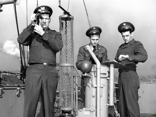 Soldiers using a sextant for celestial navigation.